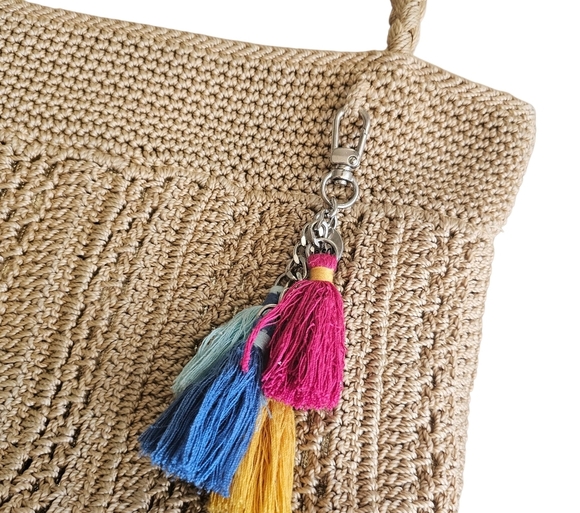 The Sak Crochet Boho Elegant Tan Woven Bag with Colorful Tassels - Picture 3 of 6